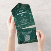 QR Code Smaragdgroen Goud Hemels Huwelijk All In One Uitnodiging (Afscheurbaar)