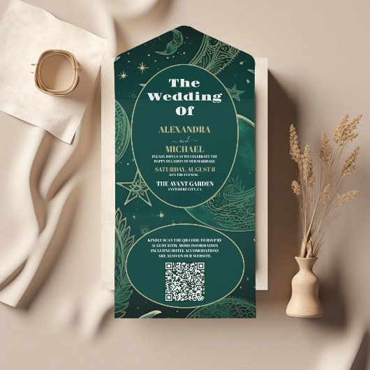 QR Code Smaragdgroen Goud Hemels Huwelijk All In One Uitnodiging