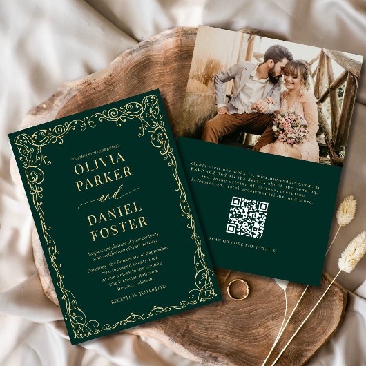 QR Code Smaragdgroene Foto Minimalistische Trouwka Kaart