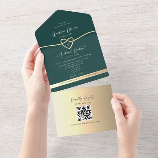 QR Code Smaragdgroene Gouden Bruiloft All In One Uitnodiging (Afscheurbaar)