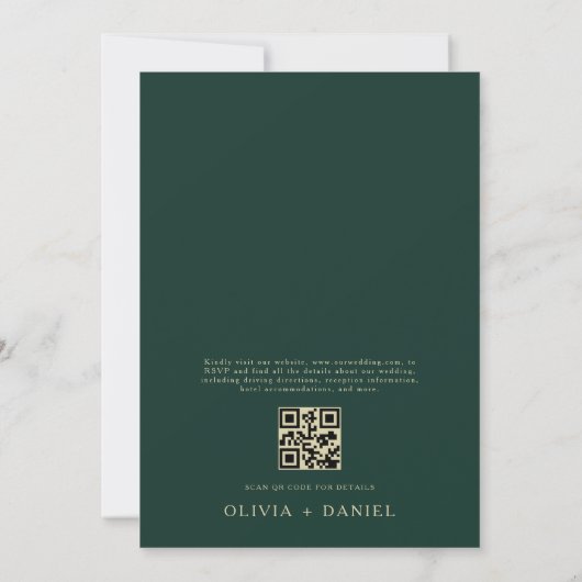 QR-code Smaragdgroene Gouden Monogram Blad Trouwda Kaart (Achterkant)