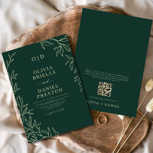 QR-code Smaragdgroene Gouden Monogram Blad Trouwda Kaart