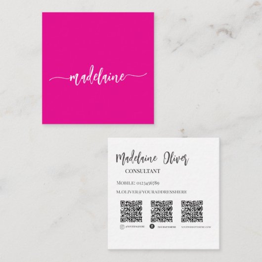 QR Code Sociaal Persoonlijk Roze Elegant Vierkante Visitekaartje (Voorkant / Achterkant)