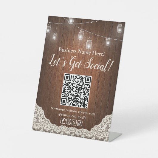 QR Code Social Media Business String Lights Rustie Reclamebord Met Voetstuk (Voorkant)