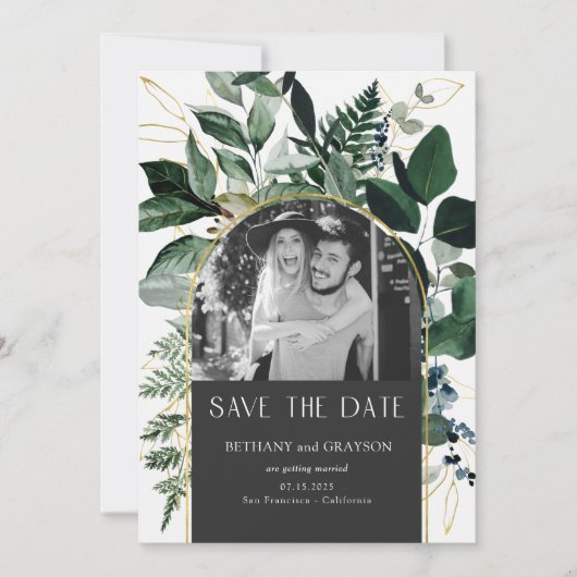 QR code Stijlvolle Grijze Botanische foto bruiloft Save The Date (Voorkant)