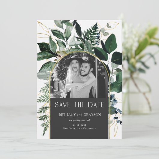 QR code Stijlvolle Grijze Botanische foto bruiloft Save The Date (Staand voorkant)