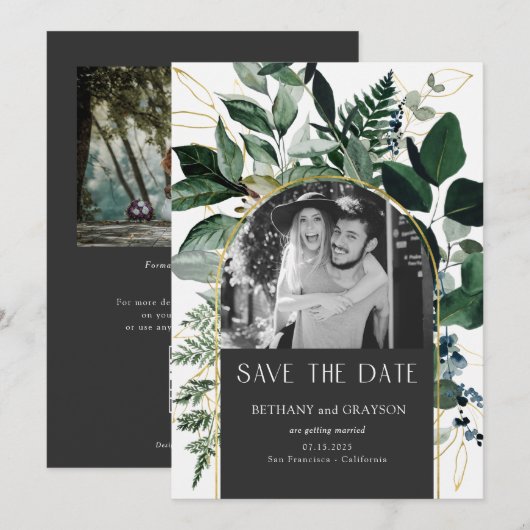 QR code Stijlvolle Grijze Botanische foto bruiloft Save The Date (Voorkant / Achterkant)