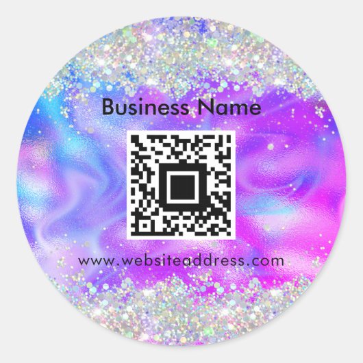QR Code Stijlvolle Holografische Glitter Paarse Un Ronde Sticker (Voorkant)