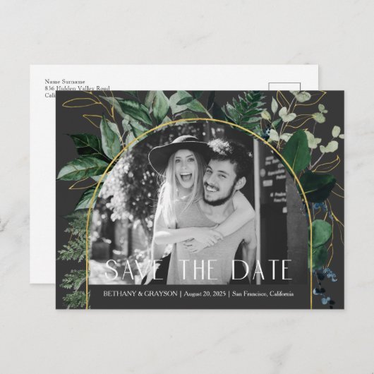 QR-code, Stijlvolle Moderne Botanische foto datum  Aankondigingskaart (Voorkant / Achterkant)