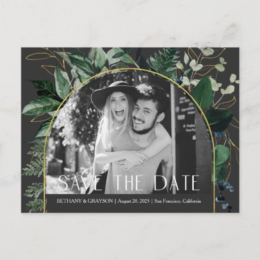 QR-code, Stijlvolle Moderne Botanische foto datum  Aankondigingskaart (Voorkant)