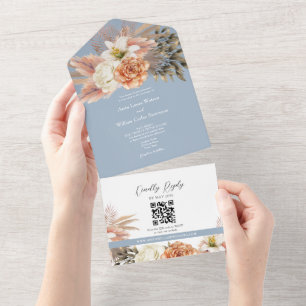 QR Code Stofblauw Bloemige Trouwdag All In One Uitnodiging