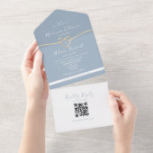 QR Code Stofblauw Bruiloft All In One Uitnodiging (Afscheurbaar)