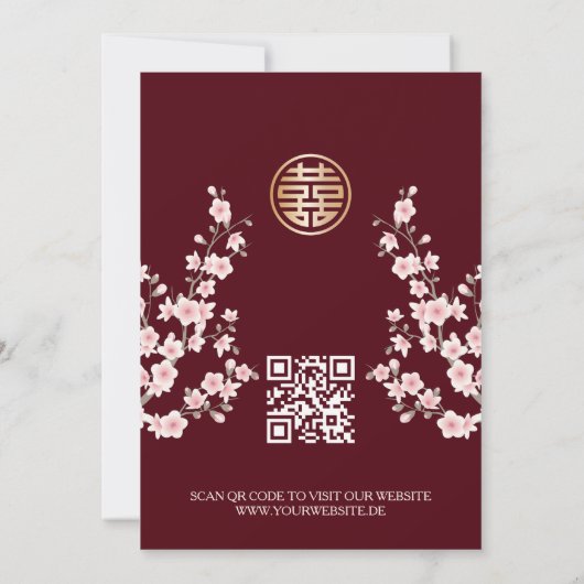 QR Code Stoffige Roze Kersenbloesem Chinese Bruilo Kaart (Achterkant)
