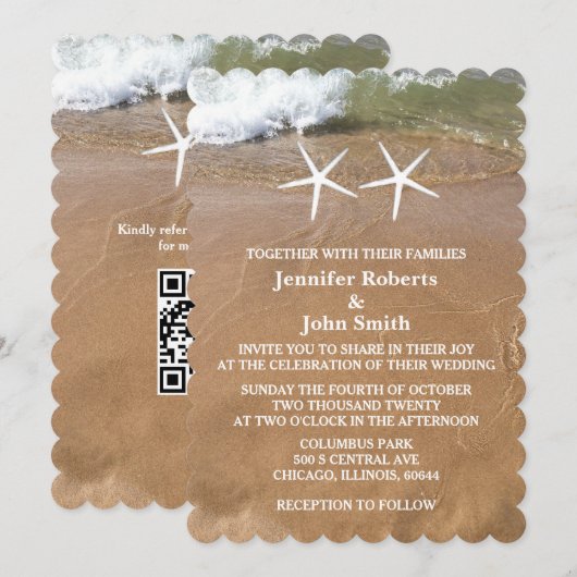 QR Code Strand Zeester Zandige Oceaan Bruiloft Kaart (Voorkant / Achterkant)