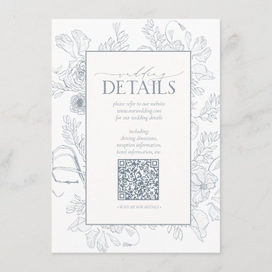 QR-code Stusty Blue Floral Wedding Details Informatiekaartje (Voorkant)