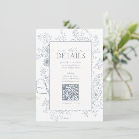 QR-code Stusty Blue Floral Wedding Details Informatiekaartje (Staand voorkant)