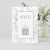 QR-code Stusty Blue Floral Wedding Details Informatiekaartje (Staand voorkant)