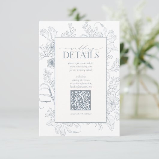 QR-code Stusty Blue Floral Wedding Details Informatiekaartje (Staand voorkant)