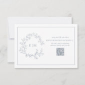 QR-code Stusty Blue Leafy Crest Monogram Weddensch RSVP Kaartje (Achterkant)