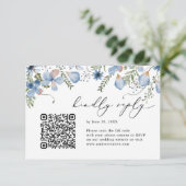 QR-code Stusty Blue Waterverf Floral Wedding RSVP Kaartje (Staand voorkant)