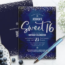 QR Code Sweet 16 Zilver Schreef Navy Waterverf