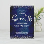 QR Code Sweet 16 Zilver Schreef Navy Waterverf Kaart (Staand voorkant)