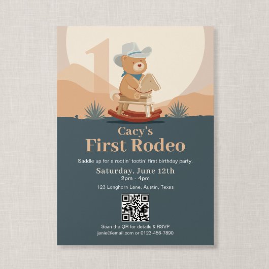 QR Code Teddy Bear Cowboy Eerste Rodeo Verjaardag Kaart