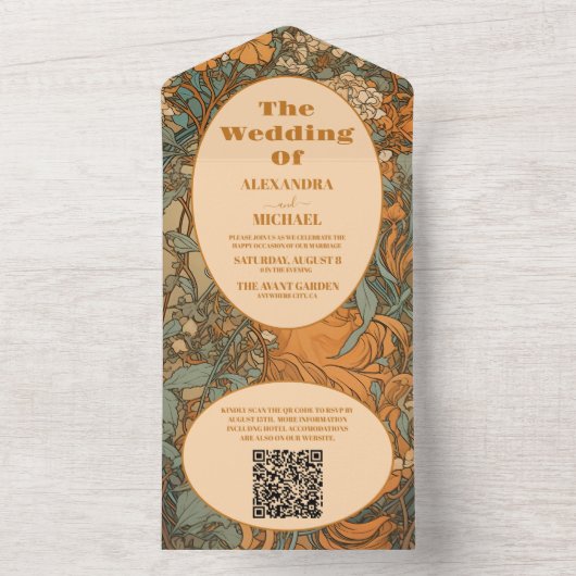 QR Code Terracotta Bloemen Art Nouveau Bruiloft All In One Uitnodiging (Binnen)