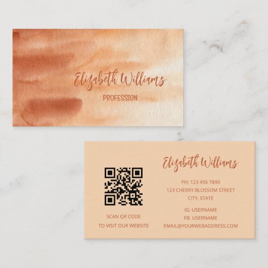 QR Code Terracotta Cream Waterverf Achtergrond Visitekaartje (Voorkant / Achterkant)