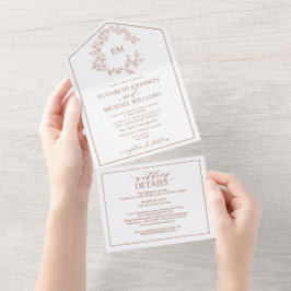 QR Code Terracotta Leafy Crest Monogram Weddenscha All In One Uitnodiging