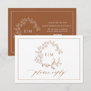 QR Code Terracotta Leafy Crest Monogram Weddenscha RSVP Kaartje