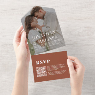QR-code Terracotta Simple Overlay Photo Wedding All In One Uitnodiging