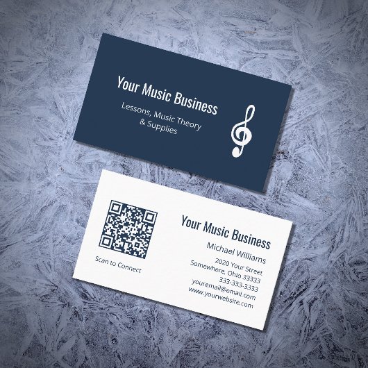 QR code Treble Clef Navy Blauwe Muziek Lessen Visitekaartje
