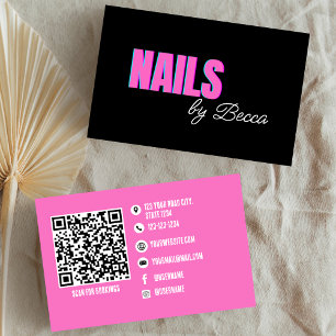 QR Code Trendy Hot Pink Minimal Nail Tech Visitekaartje