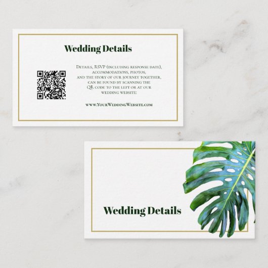 QR Code Tropical Greenery Wedding Details Modern Informatiekaartje (Voorkant / Achterkant)