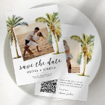 QR-code Tropisch strand opslaan datum Save The Date<br><div class="desc">De bestemming van de zomer bewaart de datumkaarten! Met een eenvoudige witte achtergrond, 2 foto's van de bruid/bruidegom, tropische waterverf palmbomen, een QR-code (vervang dit door uw eigen), en gemakkelijk om elegante sjabloon aan te passen. Afbeelding dit — zand tussen je tenen, een betoverende zonsondergang over het diepe blauwe zee...</div>