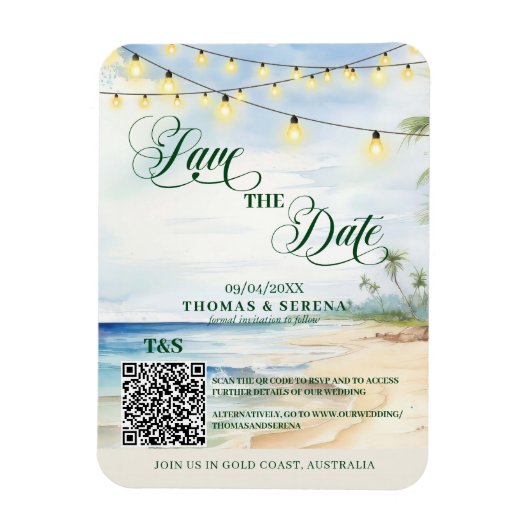QR-code Tropisch Strand Save The Date Bestemming Magneet (Verticaal)