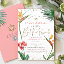 QR Code Tropische Bat Mitzvah Bloem Goud Schrift