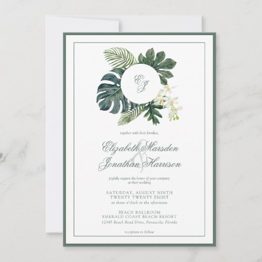 QR-code Tropische monstera orchideeën Monogram Fot Kaart (Voorkant)