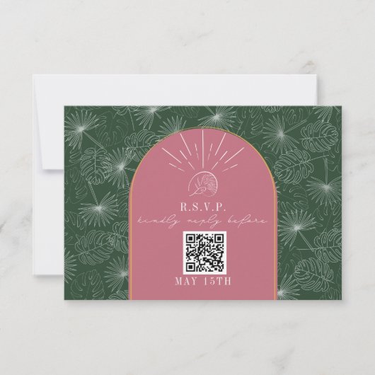QR-code Trouw RSVP Roze Groene Tropische Palm (Voorkant)