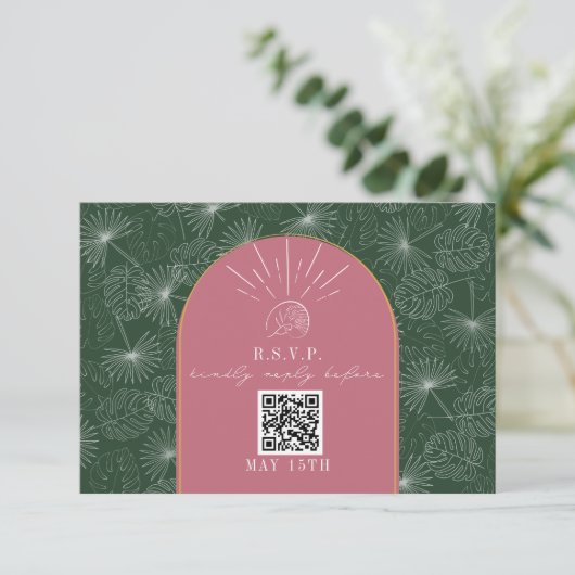 QR-code Trouw RSVP Roze Groene Tropische Palm (Staand voorkant)