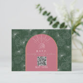 QR-code Trouw RSVP Roze Groene Tropische Palm Kaartje (Staand voorkant)