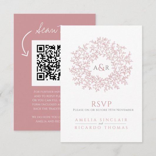 QR-code trouwwebsite monogram roze scan antwoord Informatiekaartje (Voorkant / Achterkant)