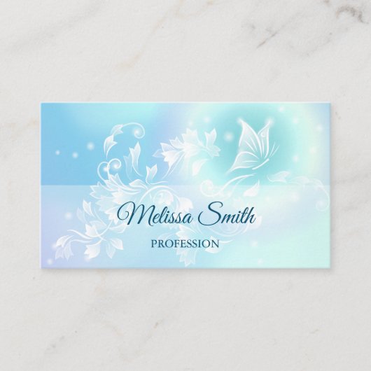 QR-code | Turquoise Blue Floral Butterfly Visitekaartje (Voorkant)