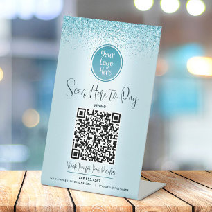 QR Code Turquoise Glitter Custom Logo Pay Reclamebord Met Voetstuk