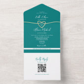 QR-code Turquoise Gouden Hart Trouwdag All In One Uitnodiging (Binnen)