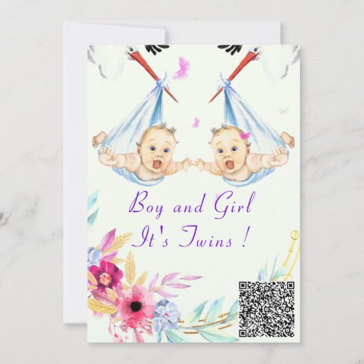 QR Code Twins Boy and Girl Baby shower Invitation (Achterkant)