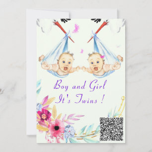 QR Code Twins Boy and Girl Baby shower Invitation