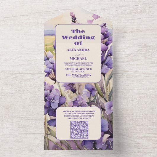 QR Code Unieke bloemenlavendel bruiloft All In One Uitnodiging (Binnen)