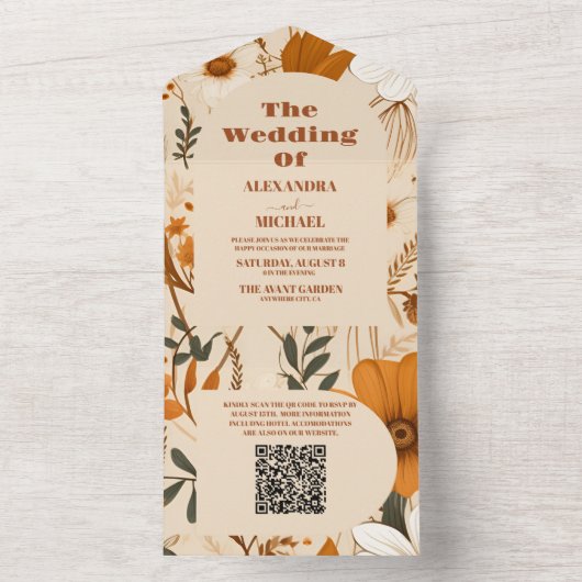 QR Code Verbrande Sinaasappel Waterverf Wildflower All In One Uitnodiging (Binnen)